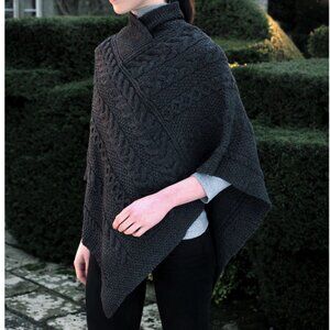 Elegant Gray Cable Knit Poncho Sweater